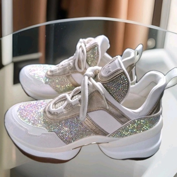 MICHAEL KORS OLYMPIA TRAINER RHINESTONES GLITTER LEATHER SNEAKERS SHOES 10 NIB - Picture 1 of 8